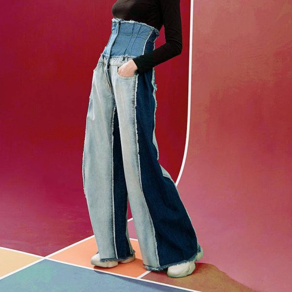Deeeze High Rise Patchwork Wide Jeans